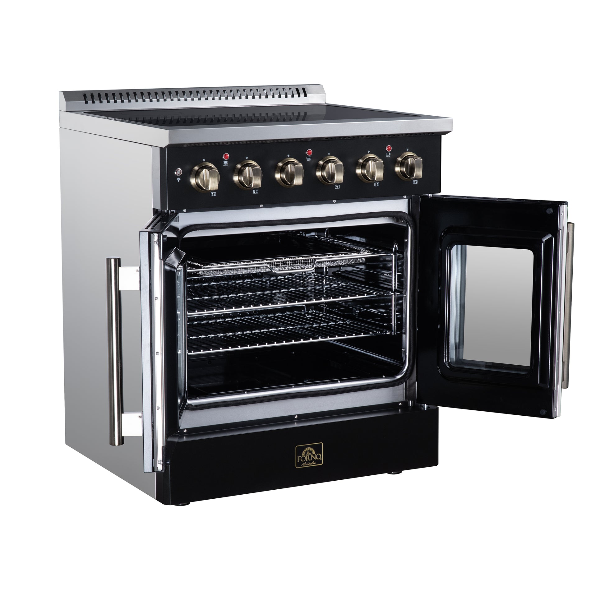 Galiano 30 Inch French Door Electric range, 4 radiant burners, 4.32 cf. True Convection oven, Air fryer kit, Black - Forno Appliances