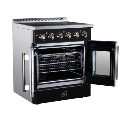 Galiano 30 Inch French Door Electric range, 4 radiant burners, 4.32 cf. True Convection oven, Air fryer kit, Black - Forno Appliances