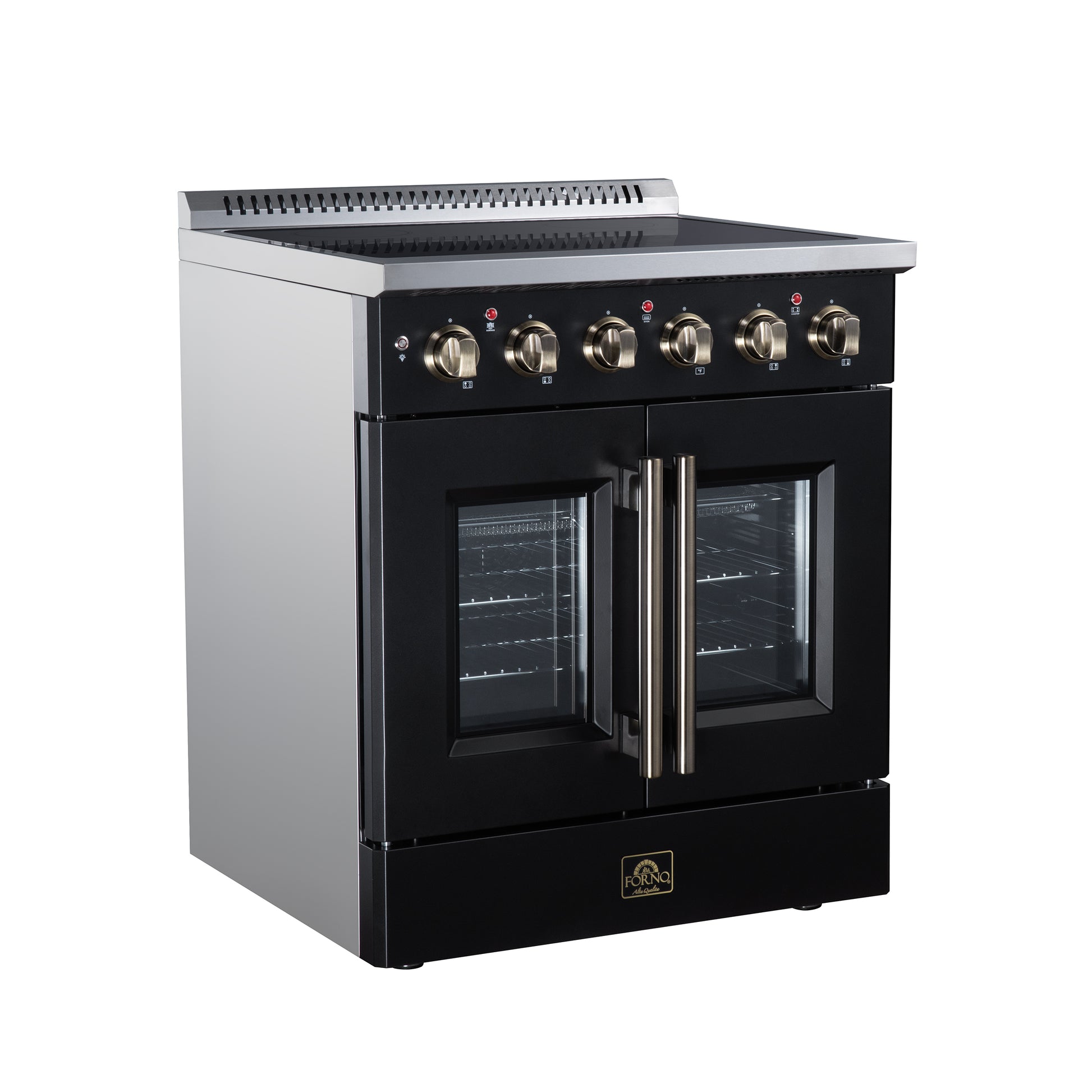 Galiano 30 Inch French Door Electric range, 4 radiant burners, 4.32 cf. True Convection oven, Air fryer kit, Black - Forno Appliances