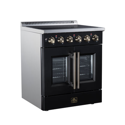 Galiano 30 Inch French Door Electric range, 4 radiant burners, 4.32 cf. True Convection oven, Air fryer kit, Black - Forno Appliances