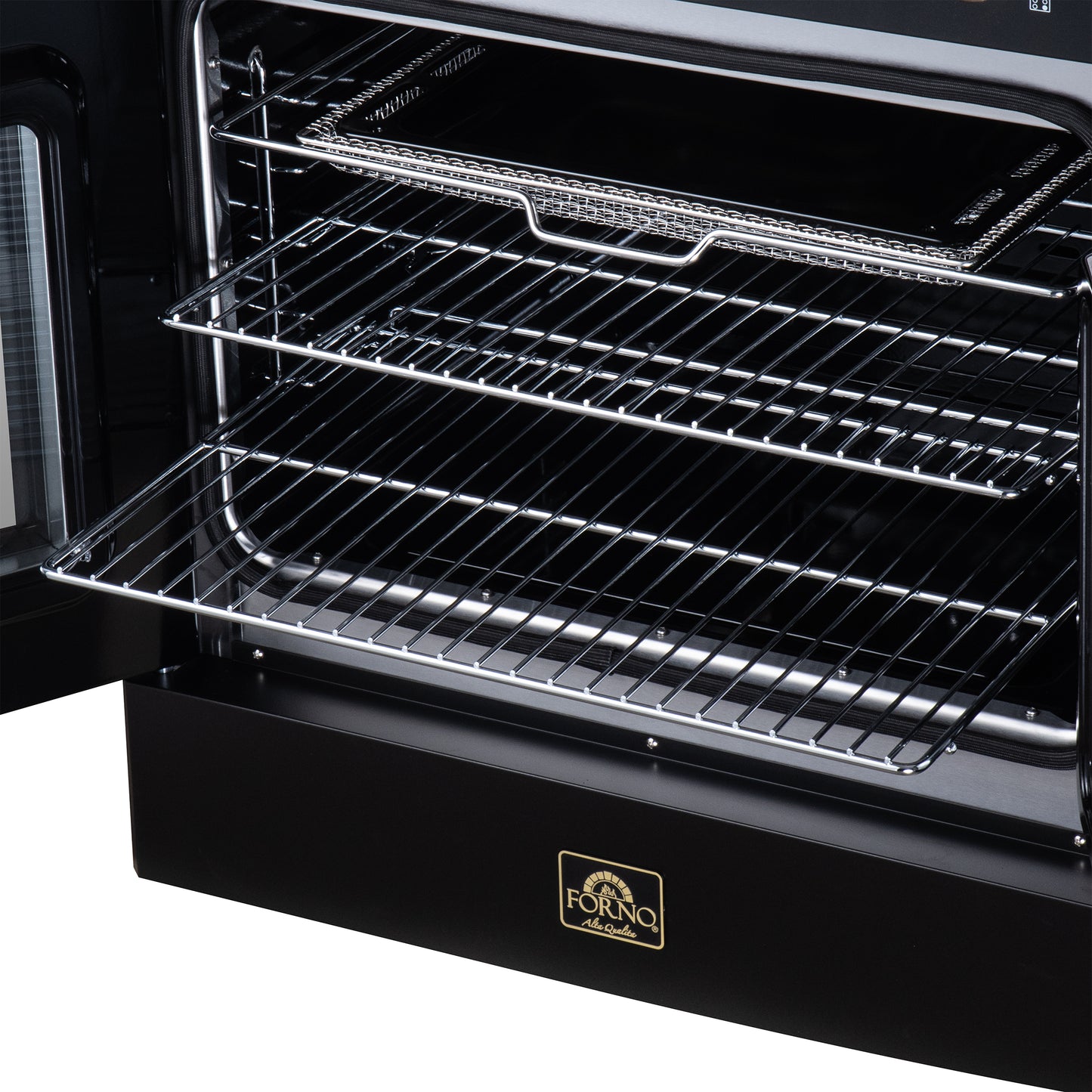 Galiano 30 Inch French Door Electric range, 4 radiant burners, 4.32 cf. True Convection oven, Air fryer kit, Black - Forno Appliances