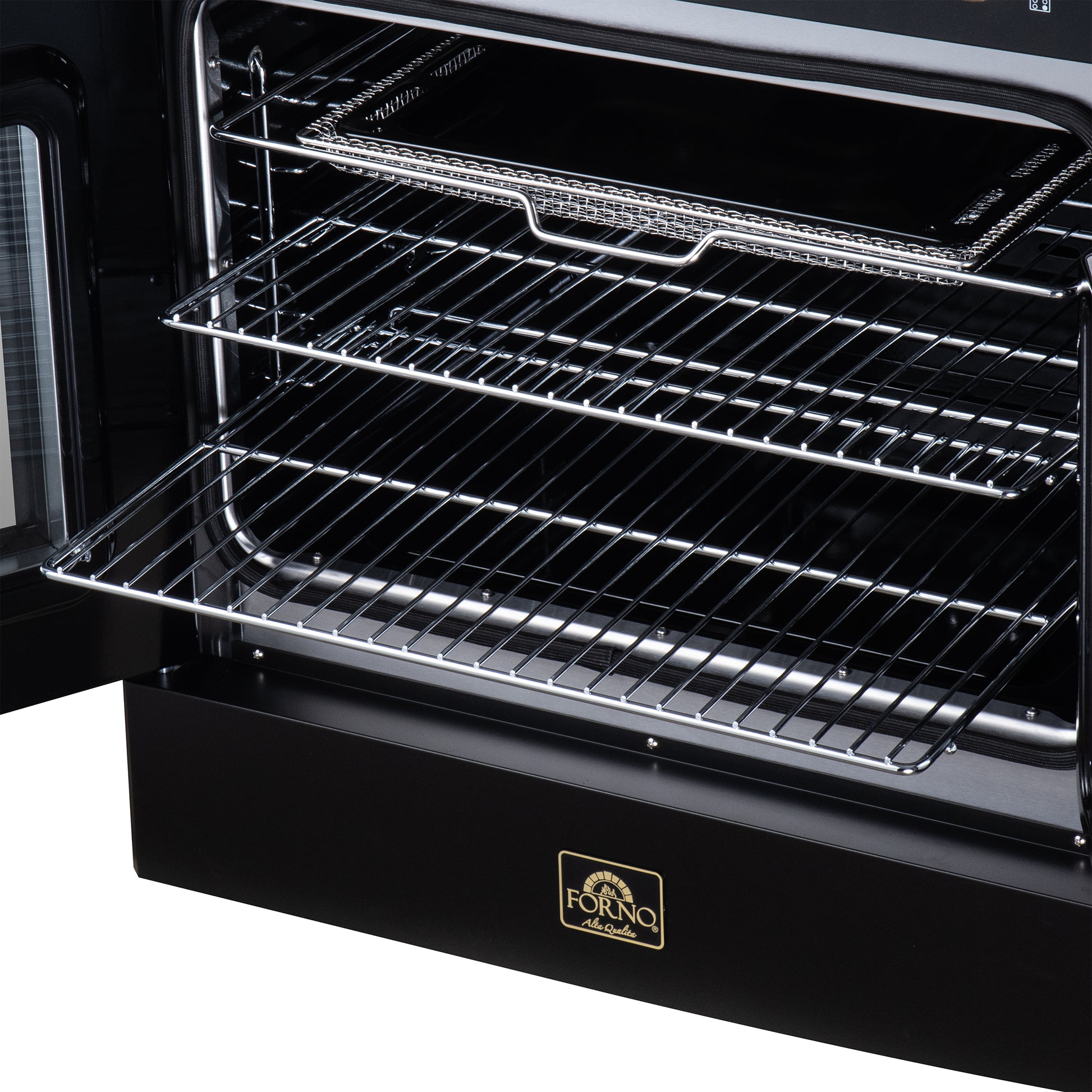 Galiano 30 Inch French Door Electric range, 4 radiant burners, 4.32 cf. True Convection oven, Air fryer kit, Black - Forno Appliances
