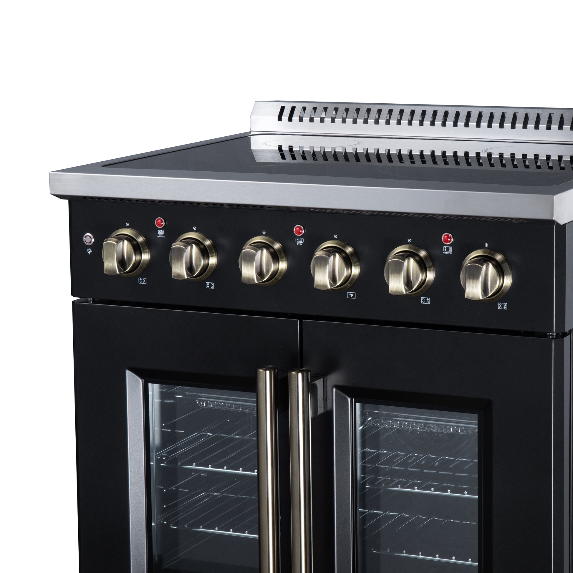 Galiano 30 Inch French Door Electric range, 4 radiant burners, 4.32 cf. True Convection oven, Air fryer kit, Black - Forno Appliances
