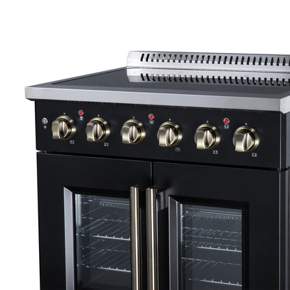 Galiano 30 Inch French Door Electric range, 4 radiant burners, 4.32 cf. True Convection oven, Air fryer kit, Black - Forno Appliances