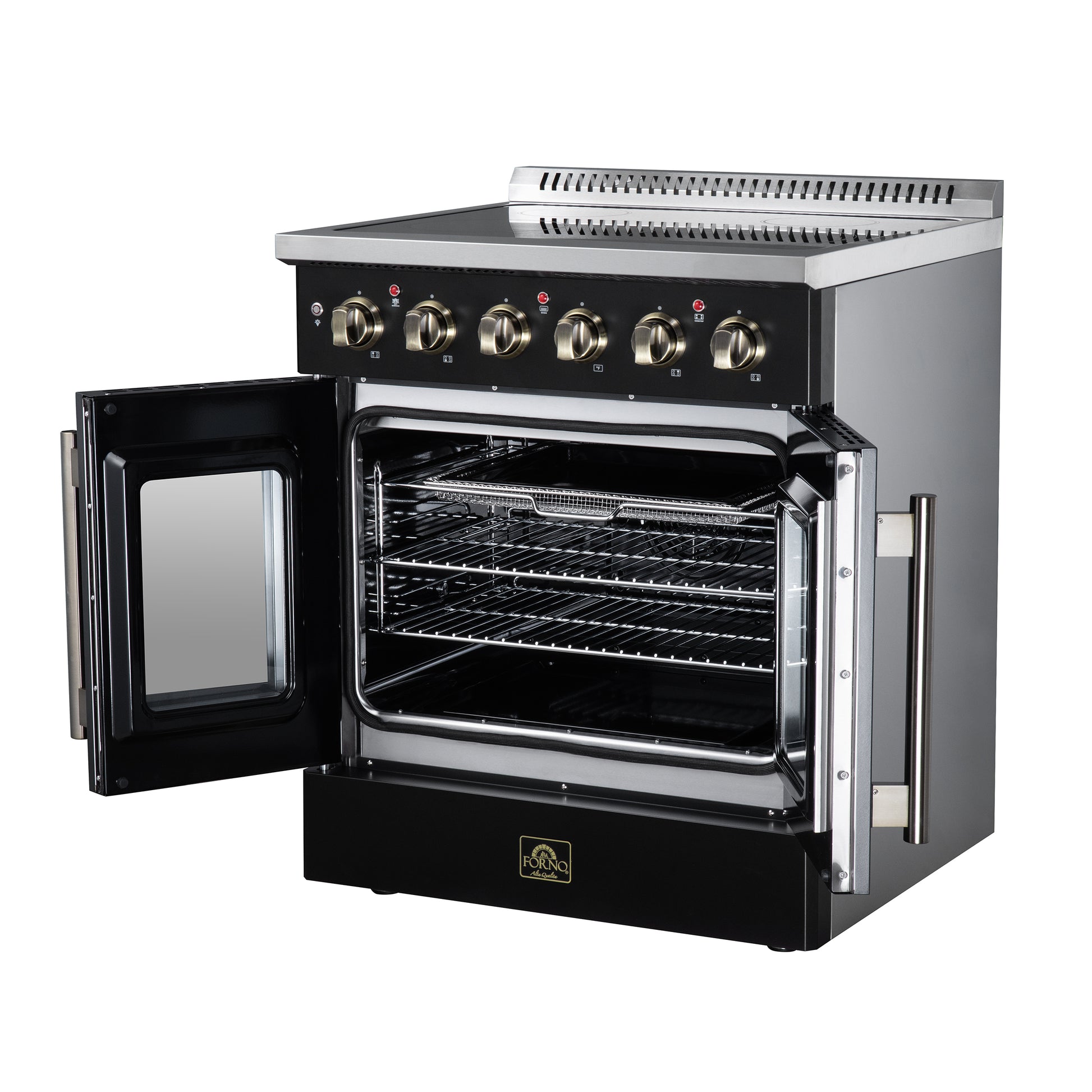 Galiano 30 Inch French Door Electric range, 4 radiant burners, 4.32 cf. True Convection oven, Air fryer kit, Black - Forno Appliances