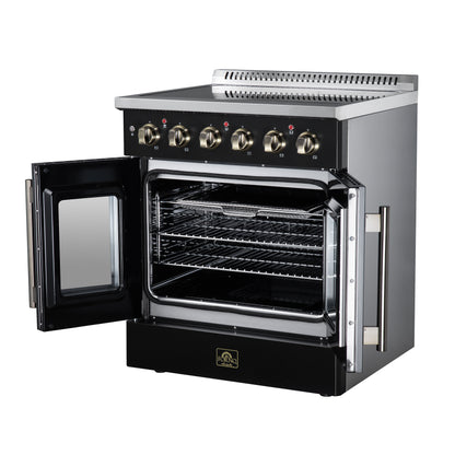 Galiano 30 Inch French Door Electric range, 4 radiant burners, 4.32 cf. True Convection oven, Air fryer kit, Black - Forno Appliances