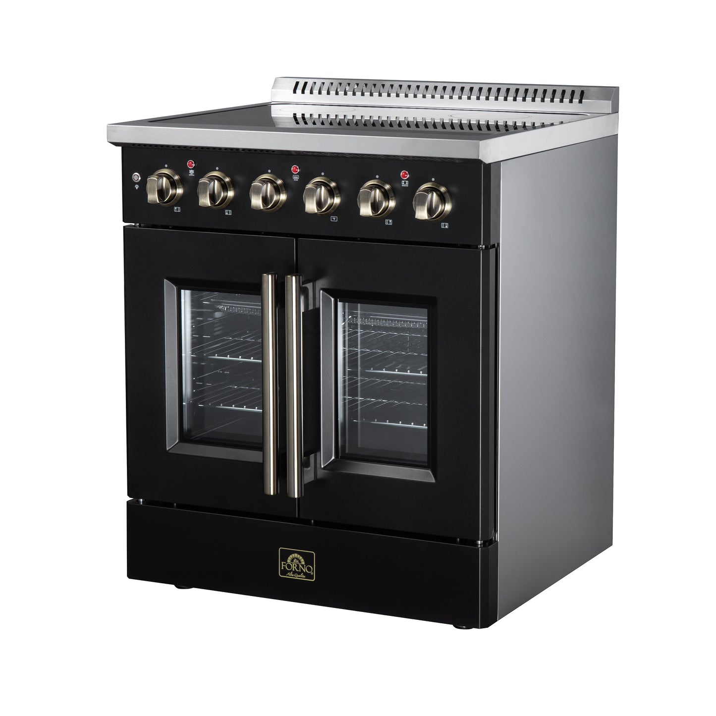 Galiano 30 Inch French Door Electric range, 4 radiant burners, 4.32 cf. True Convection oven, Air fryer kit, Black - Forno Appliances