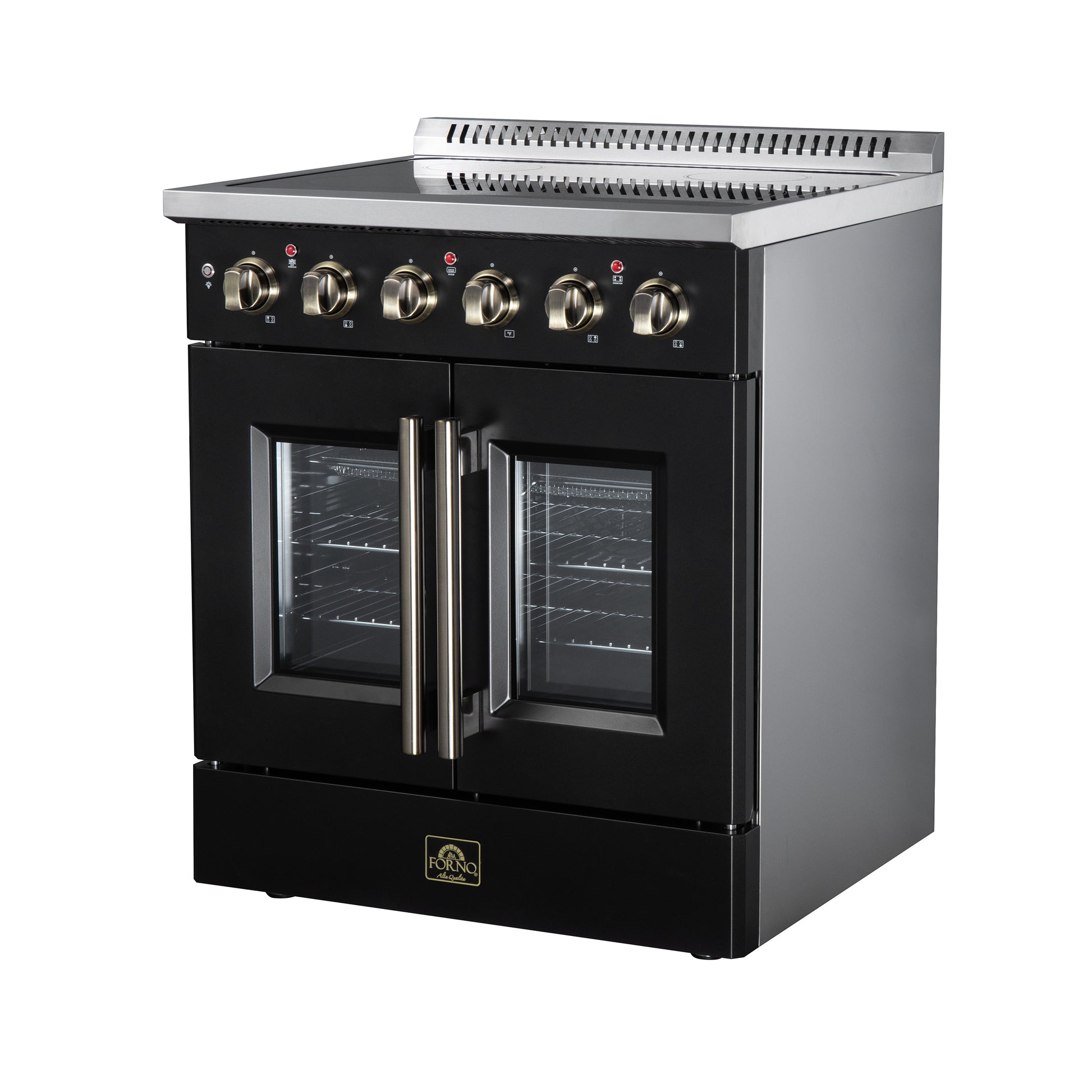 Galiano 30 Inch French Door Electric range, 4 radiant burners, 4.32 cf. True Convection oven, Air fryer kit, Black - Forno Appliances