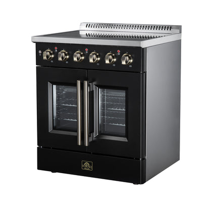 Galiano 30 Inch French Door Electric range, 4 radiant burners, 4.32 cf. True Convection oven, Air fryer kit, Black - Forno Appliances