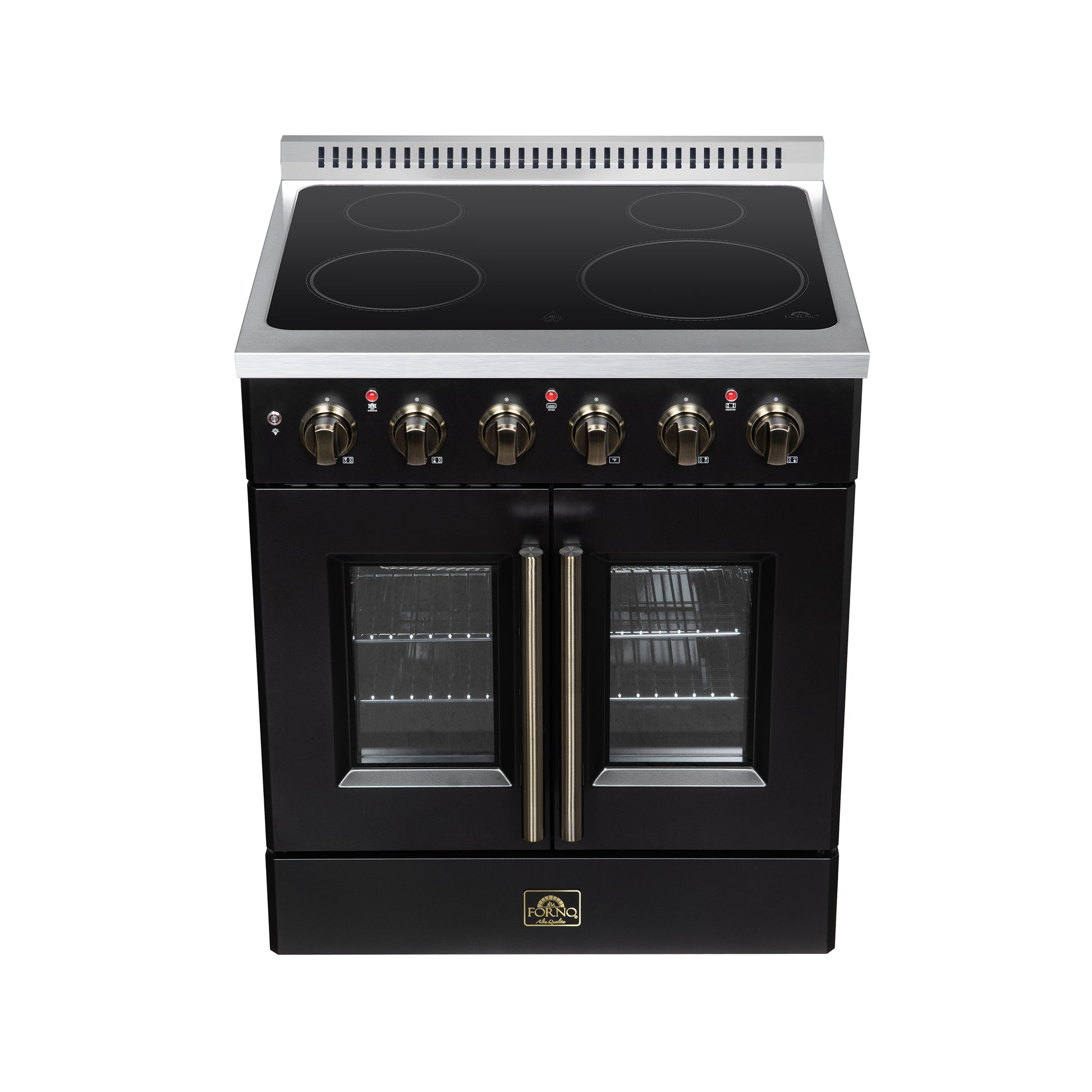 Galiano 30 Inch French Door Electric range, 4 radiant burners, 4.32 cf. True Convection oven, Air fryer kit, Black - Forno Appliances