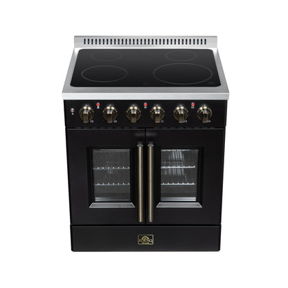 Galiano 30 Inch French Door Electric range, 4 radiant burners, 4.32 cf. True Convection oven, Air fryer kit, Black - Forno Appliances