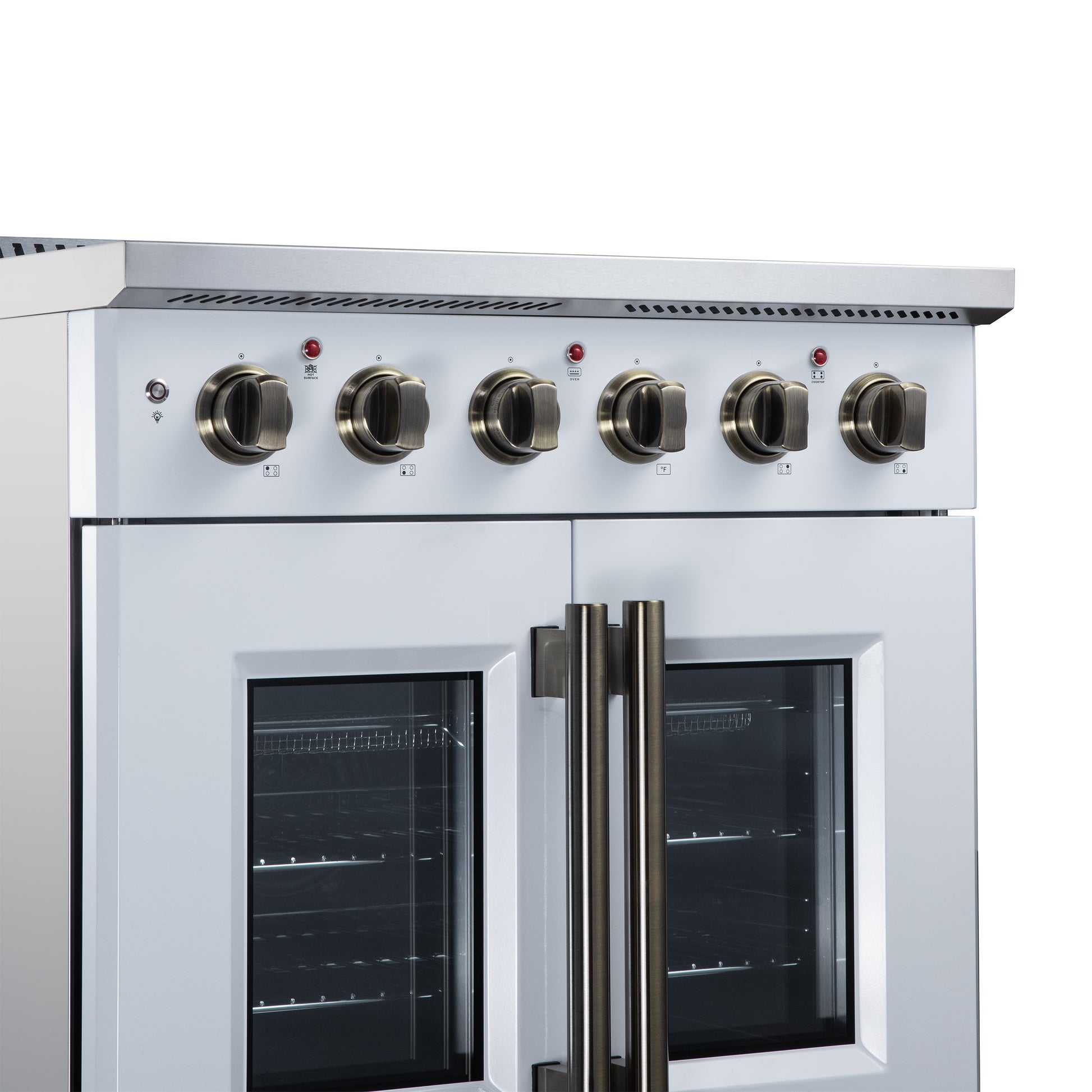 Galiano 30 Inch French Door Electric range, 4 radiant burners, 4.32 cf. True Convection oven, Air fryer kit, White - Forno Appliances