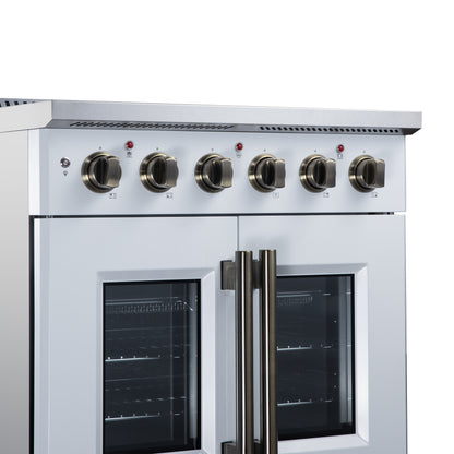 Galiano 30 Inch French Door Electric range, 4 radiant burners, 4.32 cf. True Convection oven, Air fryer kit, White - Forno Appliances