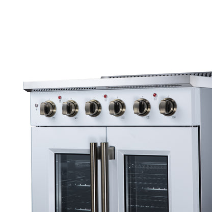 Galiano 30 Inch French Door Electric range, 4 radiant burners, 4.32 cf. True Convection oven, Air fryer kit, White - Forno Appliances