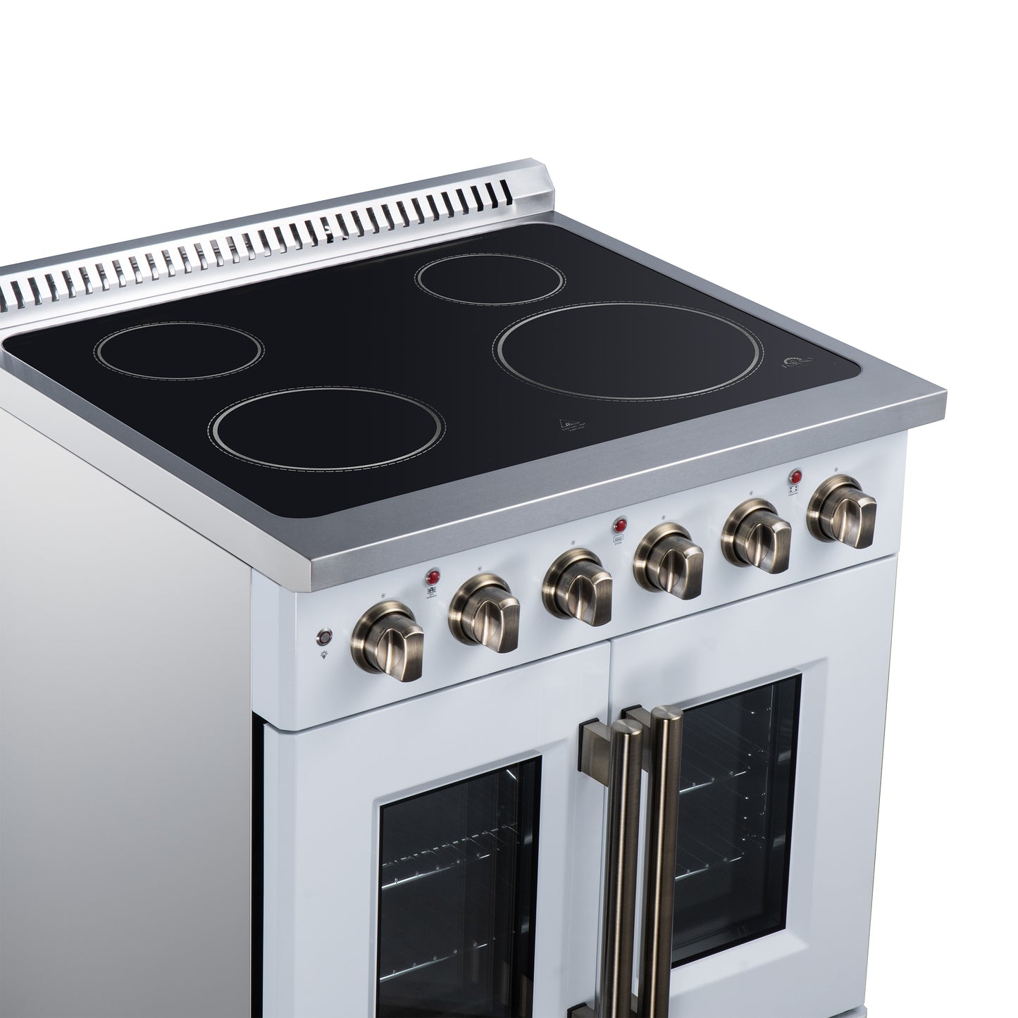 Galiano 30 Inch French Door Electric range, 4 radiant burners, 4.32 cf. True Convection oven, Air fryer kit, White - Forno Appliances