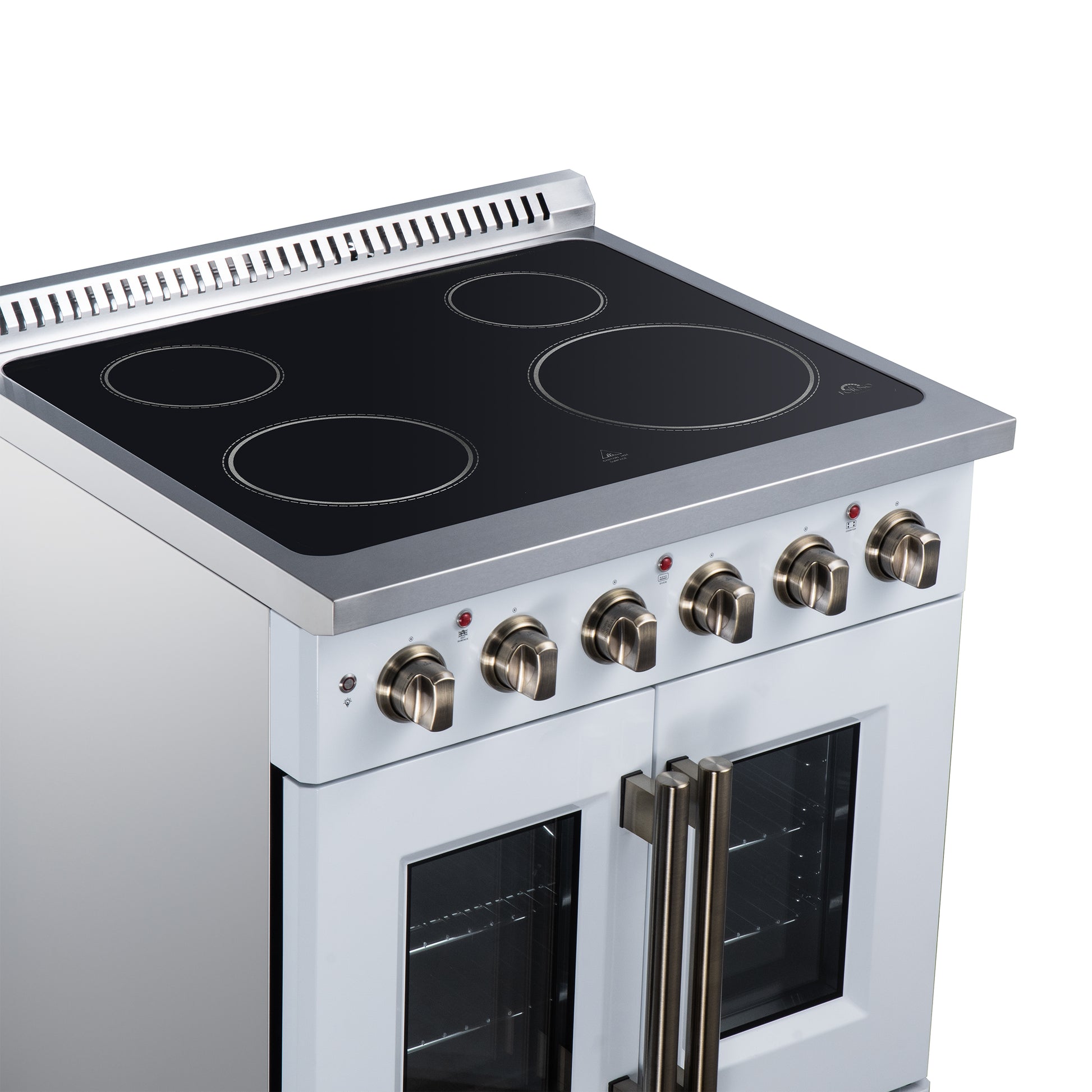 Galiano 30 Inch French Door Electric range, 4 radiant burners, 4.32 cf. True Convection oven, Air fryer kit, White - Forno Appliances