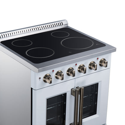 Galiano 30 Inch French Door Electric range, 4 radiant burners, 4.32 cf. True Convection oven, Air fryer kit, White - Forno Appliances