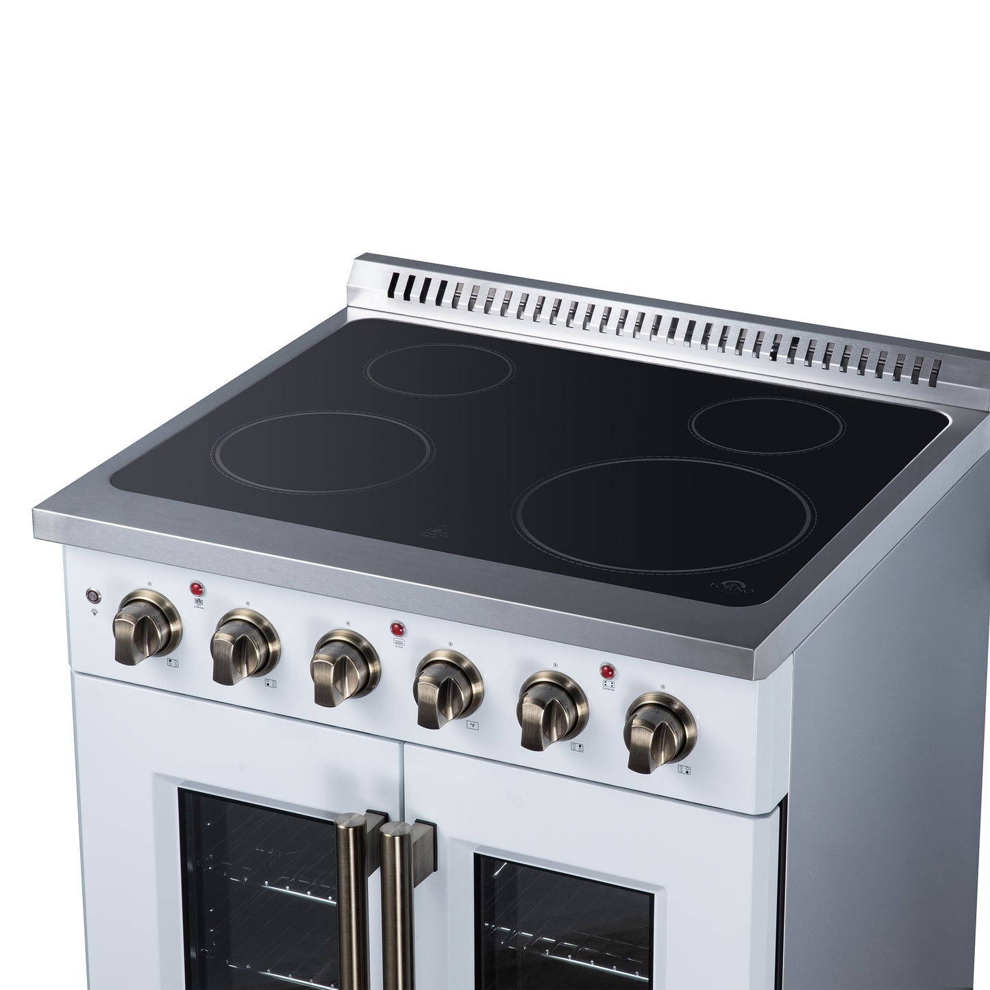 Galiano 30 Inch French Door Electric range, 4 radiant burners, 4.32 cf. True Convection oven, Air fryer kit, White - Forno Appliances