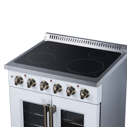 Galiano 30 Inch French Door Electric range, 4 radiant burners, 4.32 cf. True Convection oven, Air fryer kit, White - Forno Appliances