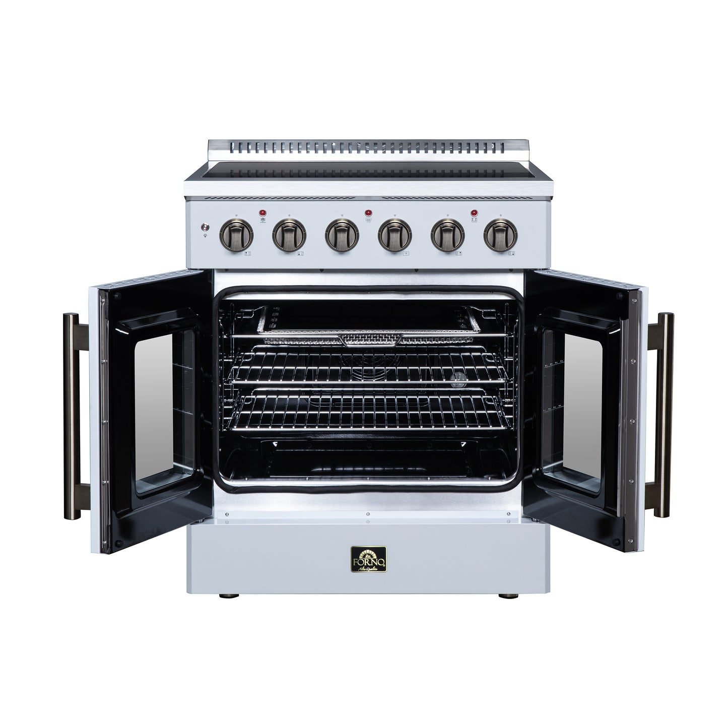 Galiano 30 Inch French Door Electric range, 4 radiant burners, 4.32 cf. True Convection oven, Air fryer kit, White - Forno Appliances