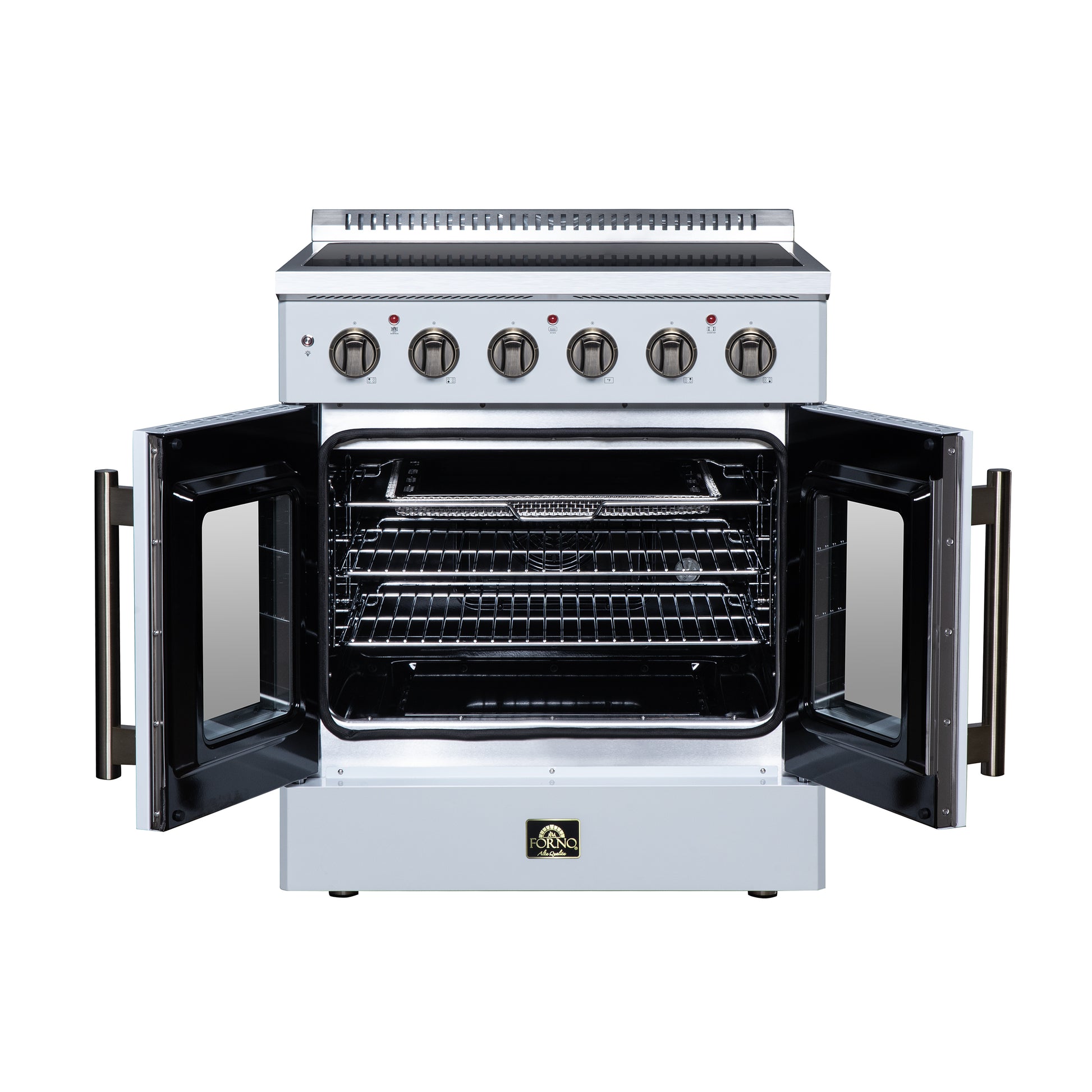 Galiano 30 Inch French Door Electric range, 4 radiant burners, 4.32 cf. True Convection oven, Air fryer kit, White - Forno Appliances
