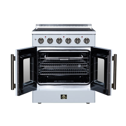 Galiano 30 Inch French Door Electric range, 4 radiant burners, 4.32 cf. True Convection oven, Air fryer kit, White - Forno Appliances