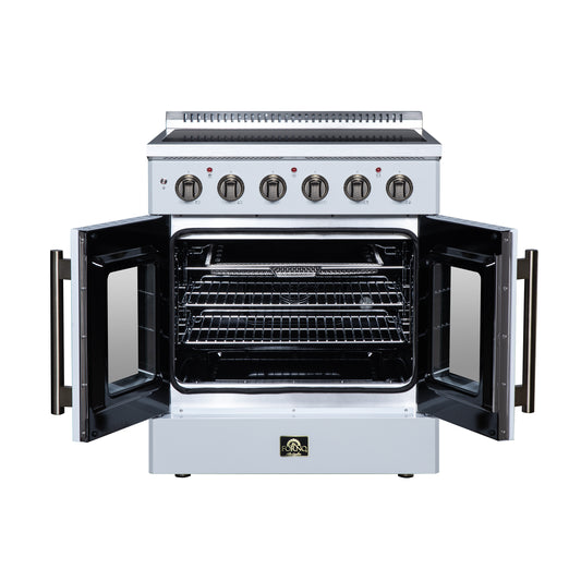 Galiano cuisinière électrique à portes françaises de 30 Inch, 4 brûleurs radiants, four à convection véritable de 4.32 cf., kit friteuse à air, blanc - Forno Appliances