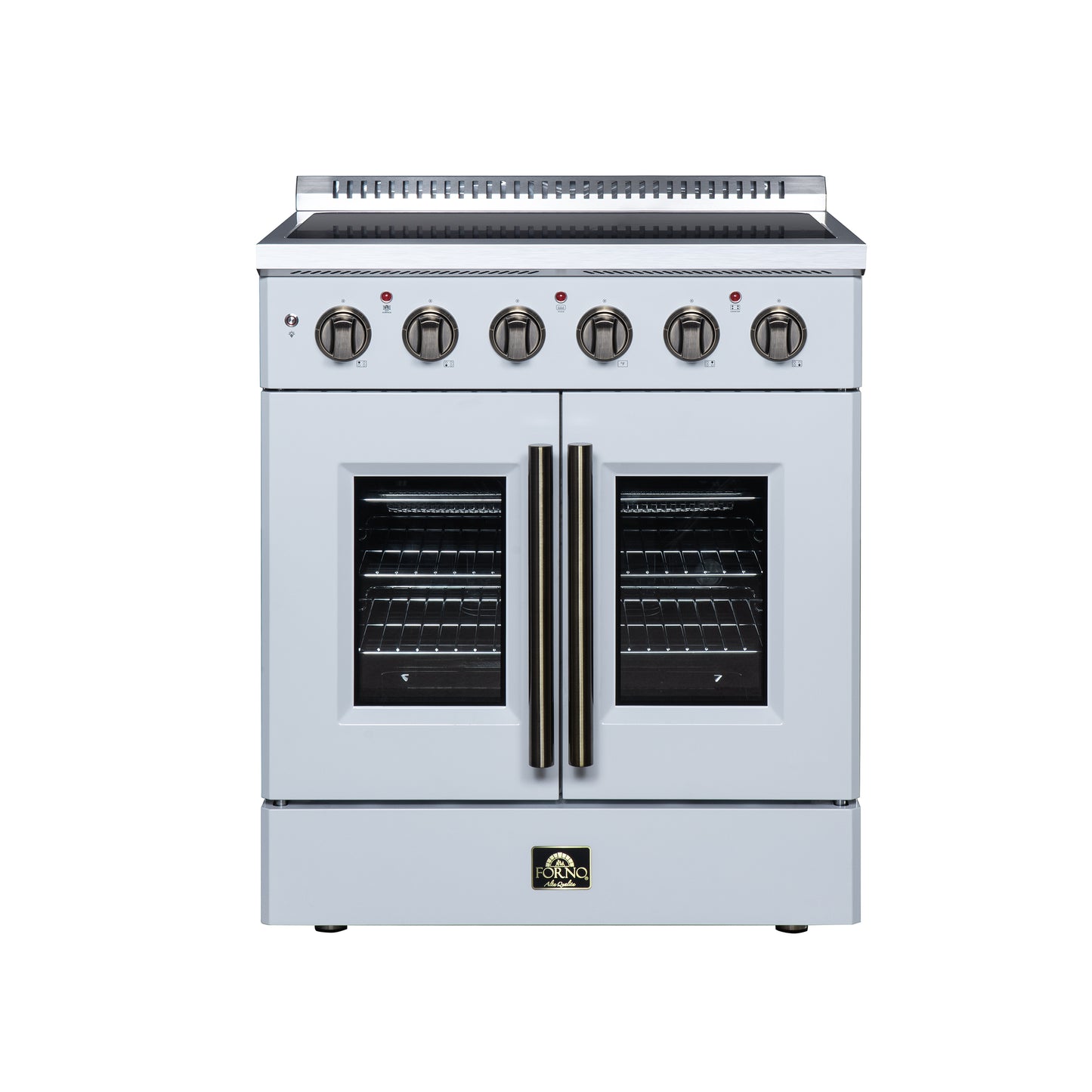 Galiano 30 Inch French Door Electric range, 4 radiant burners, 4.32 cf. True Convection oven, Air fryer kit, White - Forno Appliances