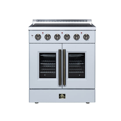 Galiano 30 Inch French Door Electric range, 4 radiant burners, 4.32 cf. True Convection oven, Air fryer kit, White - Forno Appliances