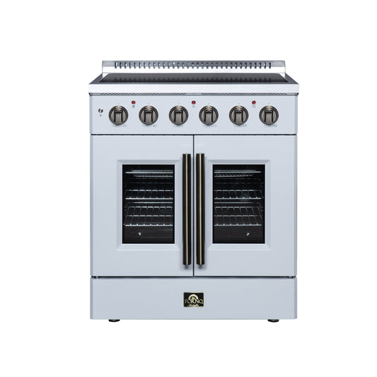 Galiano cuisinière électrique à portes françaises de 30 Inch, 4 brûleurs radiants, four à convection véritable de 4.32 cf., kit friteuse à air, blanc - Forno Appliances