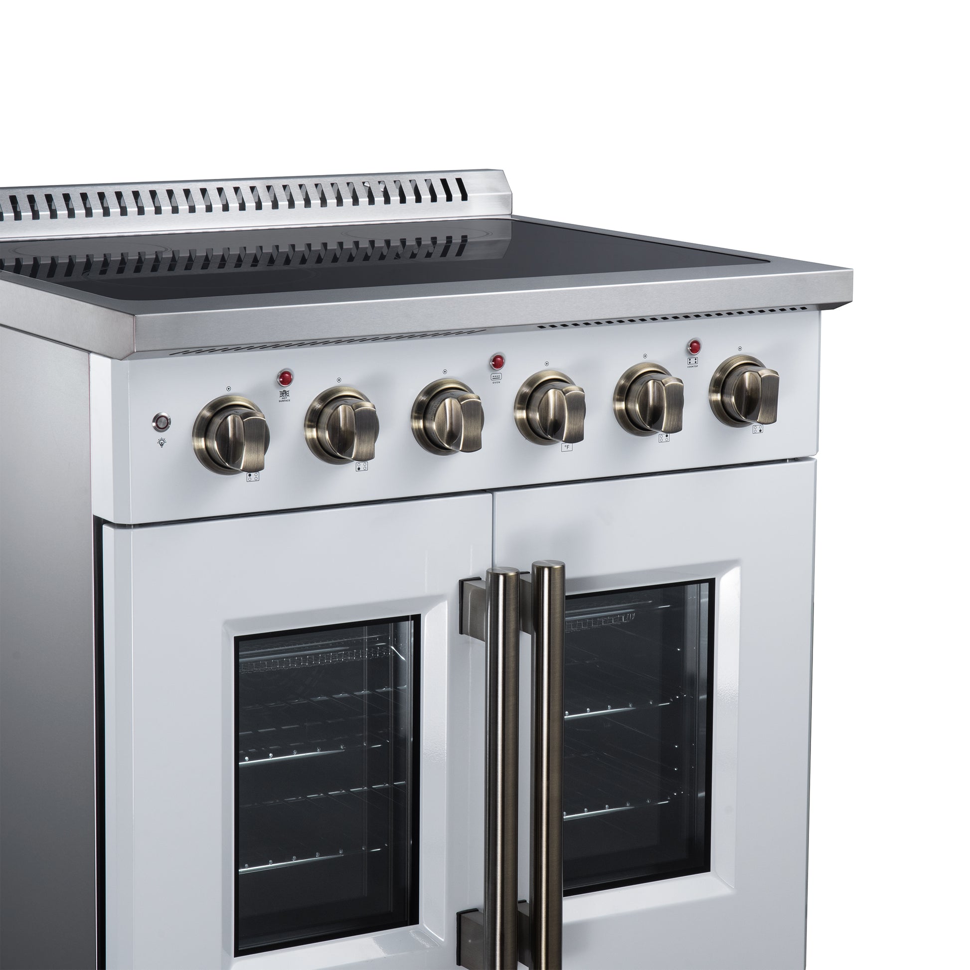 Galiano 30 Inch French Door Electric range, 4 radiant burners, 4.32 cf. True Convection oven, Air fryer kit, White - Forno Appliances
