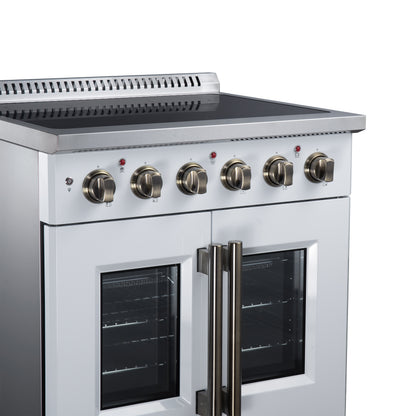Galiano 30 Inch French Door Electric range, 4 radiant burners, 4.32 cf. True Convection oven, Air fryer kit, White - Forno Appliances
