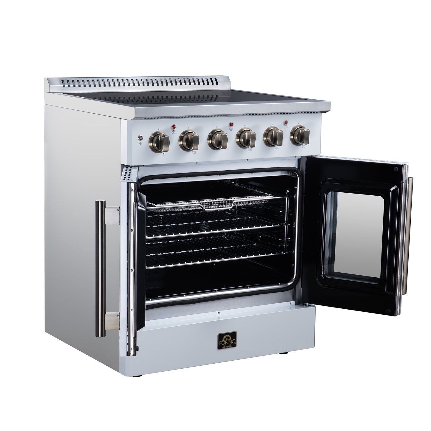Galiano 30 Inch French Door Electric range, 4 radiant burners, 4.32 cf. True Convection oven, Air fryer kit, White - Forno Appliances