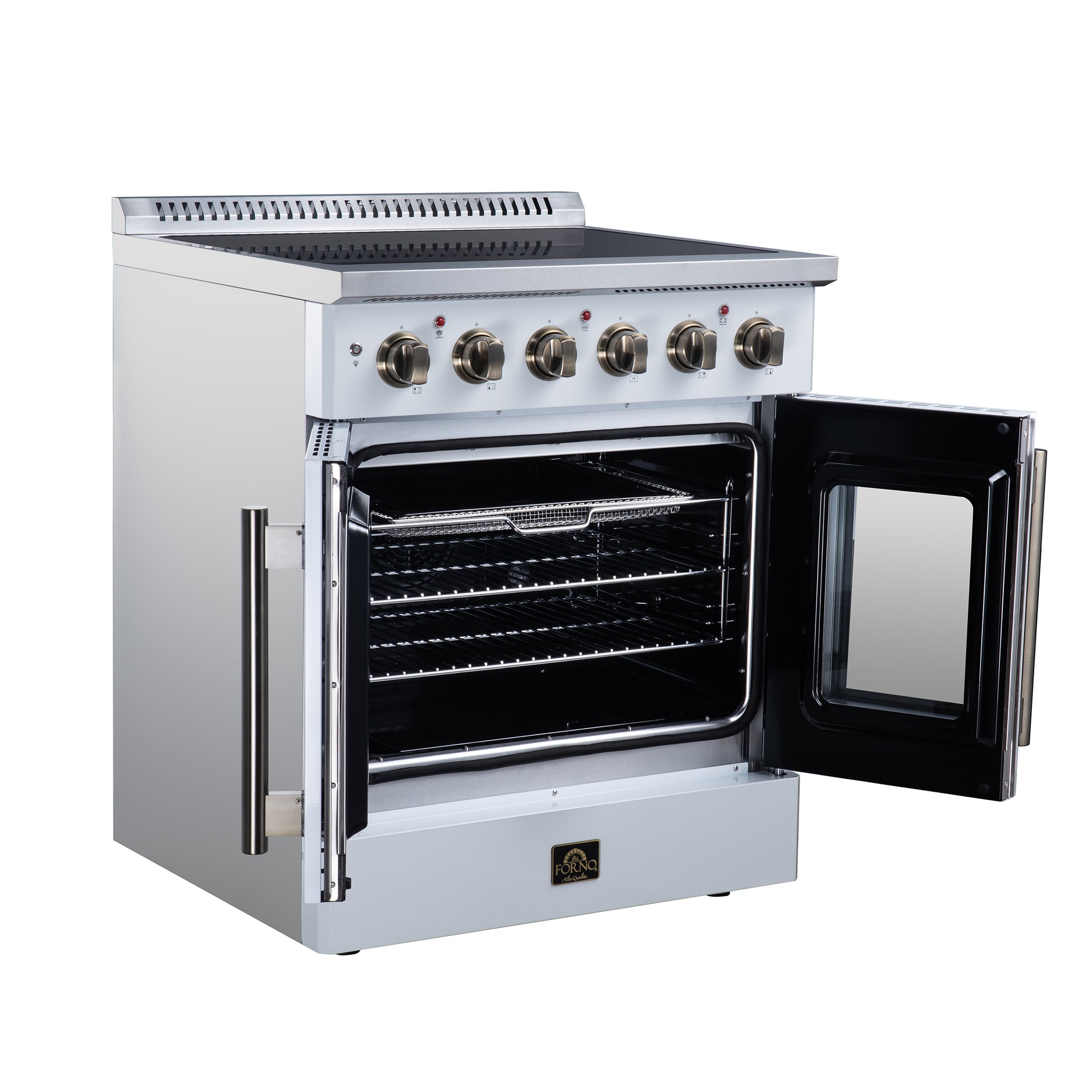 Galiano 30 Inch French Door Electric range, 4 radiant burners, 4.32 cf. True Convection oven, Air fryer kit, White - Forno Appliances