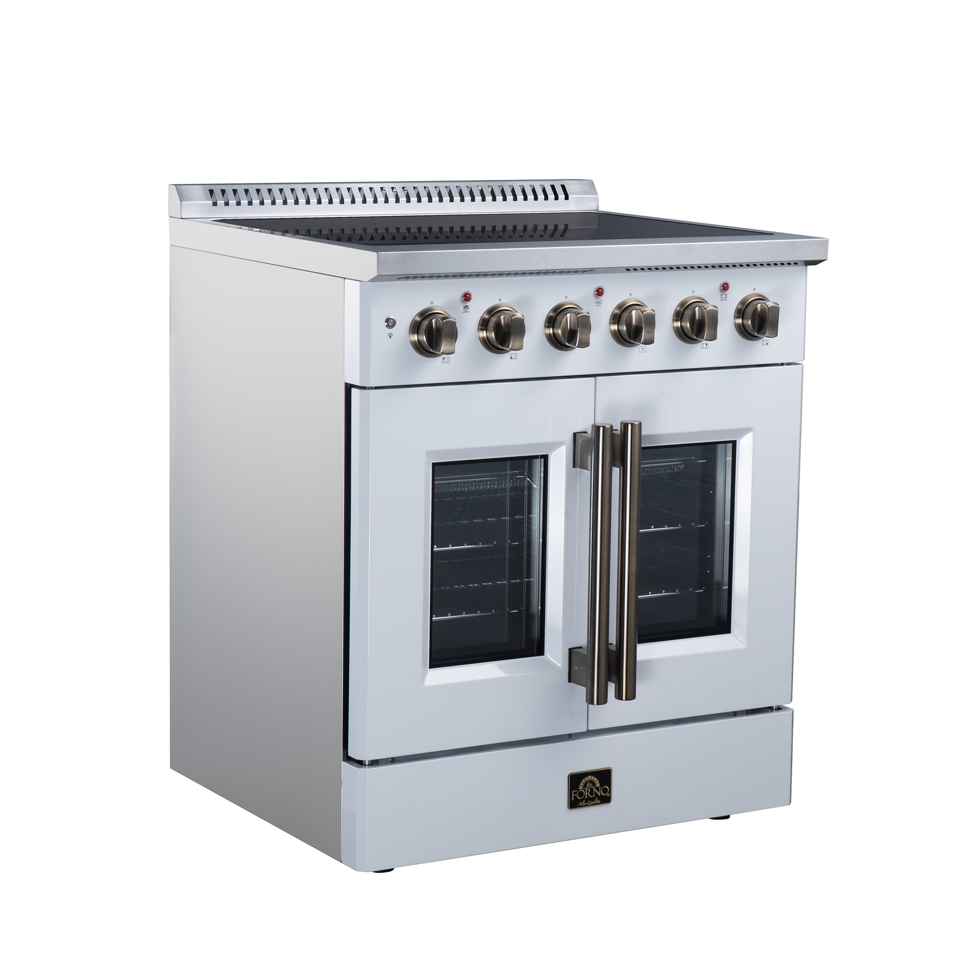 Galiano 30 Inch French Door Electric range, 4 radiant burners, 4.32 cf. True Convection oven, Air fryer kit, White - Forno Appliances