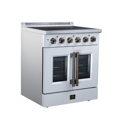 Galiano 30 Inch French Door Electric range, 4 radiant burners, 4.32 cf. True Convection oven, Air fryer kit, White - Forno Appliances
