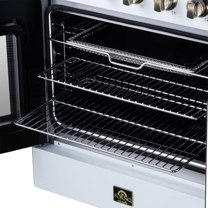 Galiano 30 Inch French Door Electric range, 4 radiant burners, 4.32 cf. True Convection oven, Air fryer kit, White - Forno Appliances