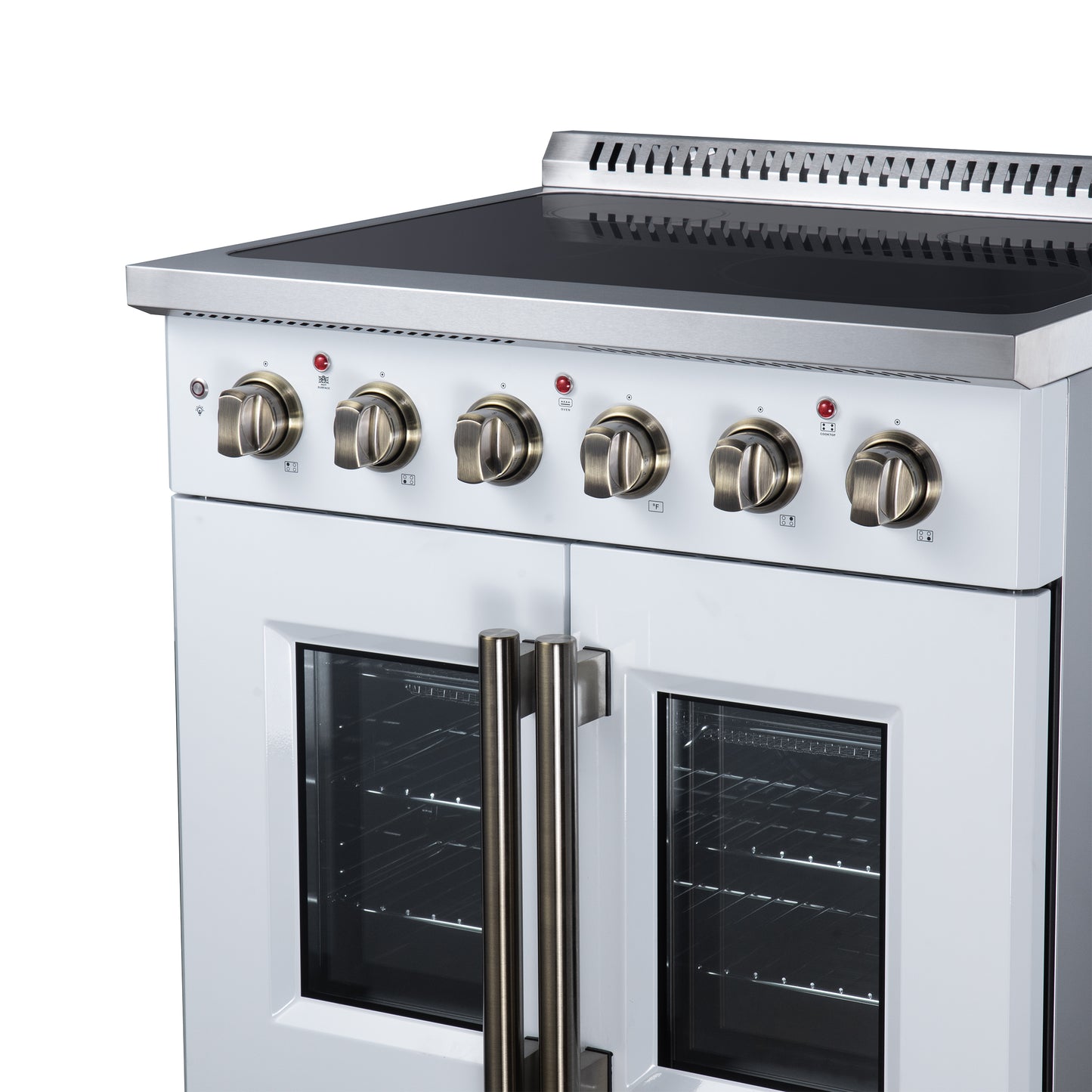 Galiano 30 Inch French Door Electric range, 4 radiant burners, 4.32 cf. True Convection oven, Air fryer kit, White - Forno Appliances