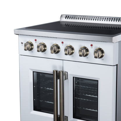 Galiano 30 Inch French Door Electric range, 4 radiant burners, 4.32 cf. True Convection oven, Air fryer kit, White - Forno Appliances