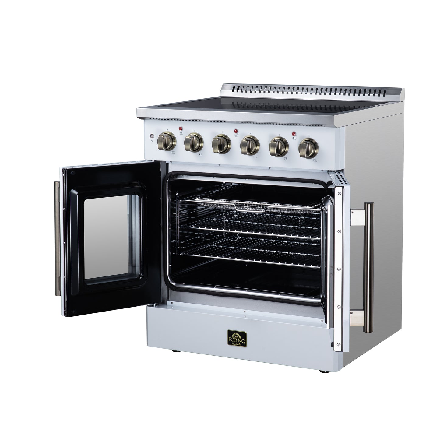 Galiano 30 Inch French Door Electric range, 4 radiant burners, 4.32 cf. True Convection oven, Air fryer kit, White - Forno Appliances