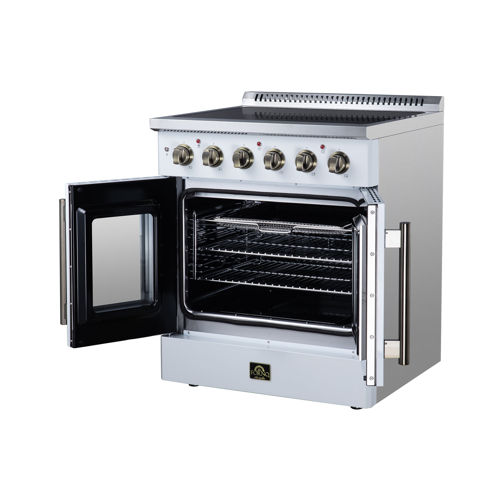 Galiano 30 Inch French Door Electric range, 4 radiant burners, 4.32 cf. True Convection oven, Air fryer kit, White - Forno Appliances