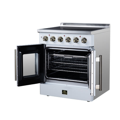 Galiano 30 Inch French Door Electric range, 4 radiant burners, 4.32 cf. True Convection oven, Air fryer kit, White - Forno Appliances