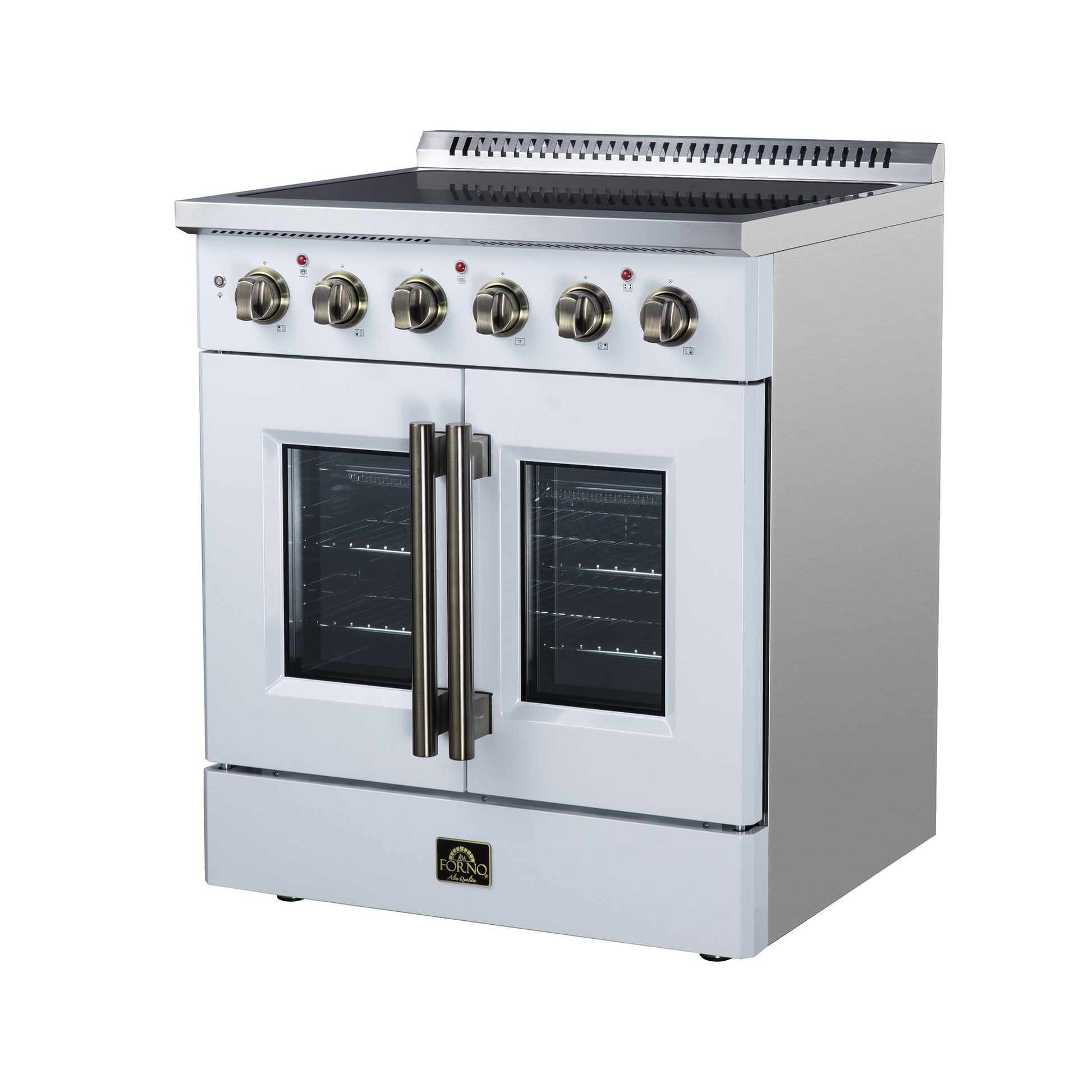 Galiano 30 Inch French Door Electric range, 4 radiant burners, 4.32 cf. True Convection oven, Air fryer kit, White - Forno Appliances
