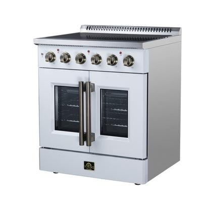 Galiano 30 Inch French Door Electric range, 4 radiant burners, 4.32 cf. True Convection oven, Air fryer kit, White - Forno Appliances