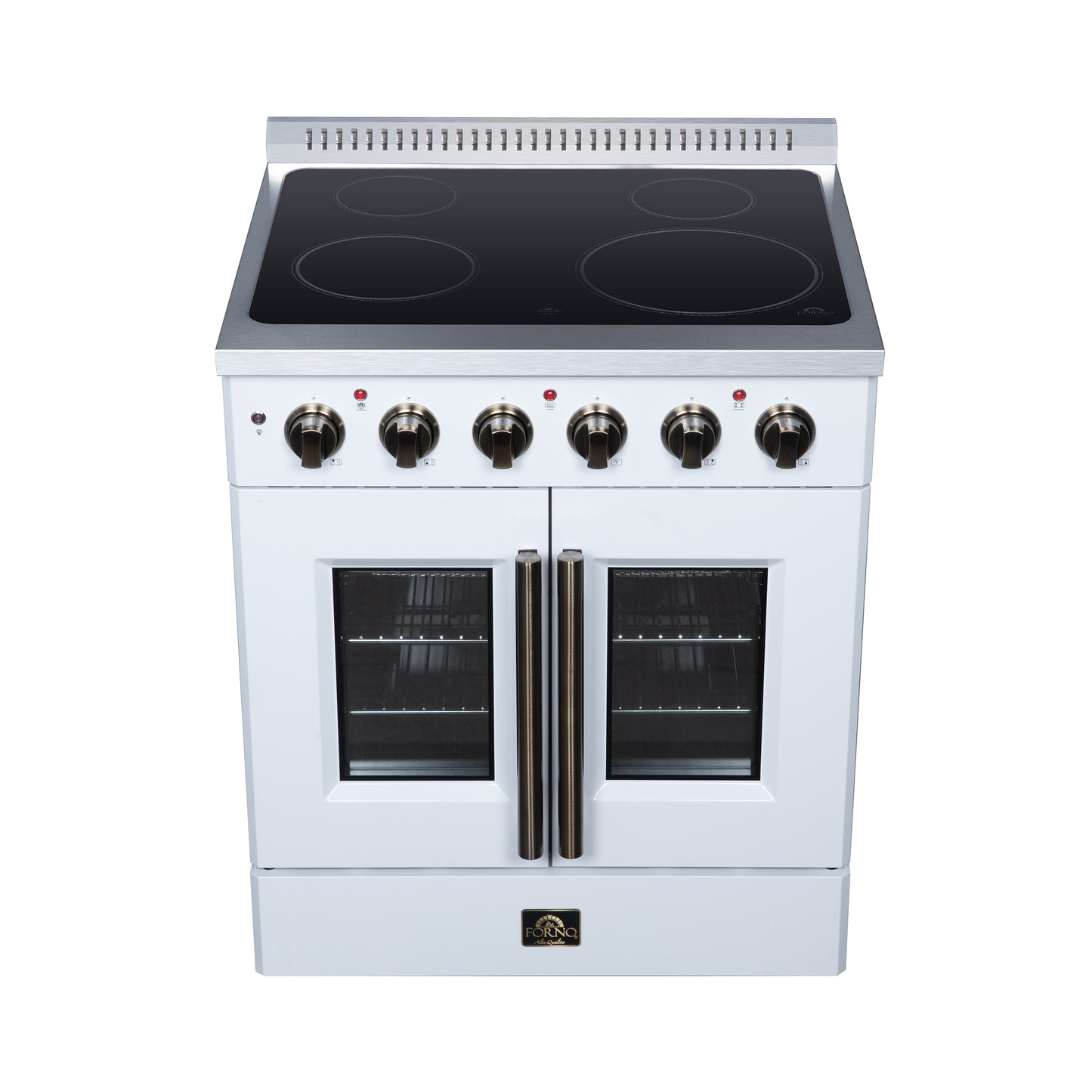 Galiano 30 Inch French Door Electric range, 4 radiant burners, 4.32 cf. True Convection oven, Air fryer kit, White - Forno Appliances
