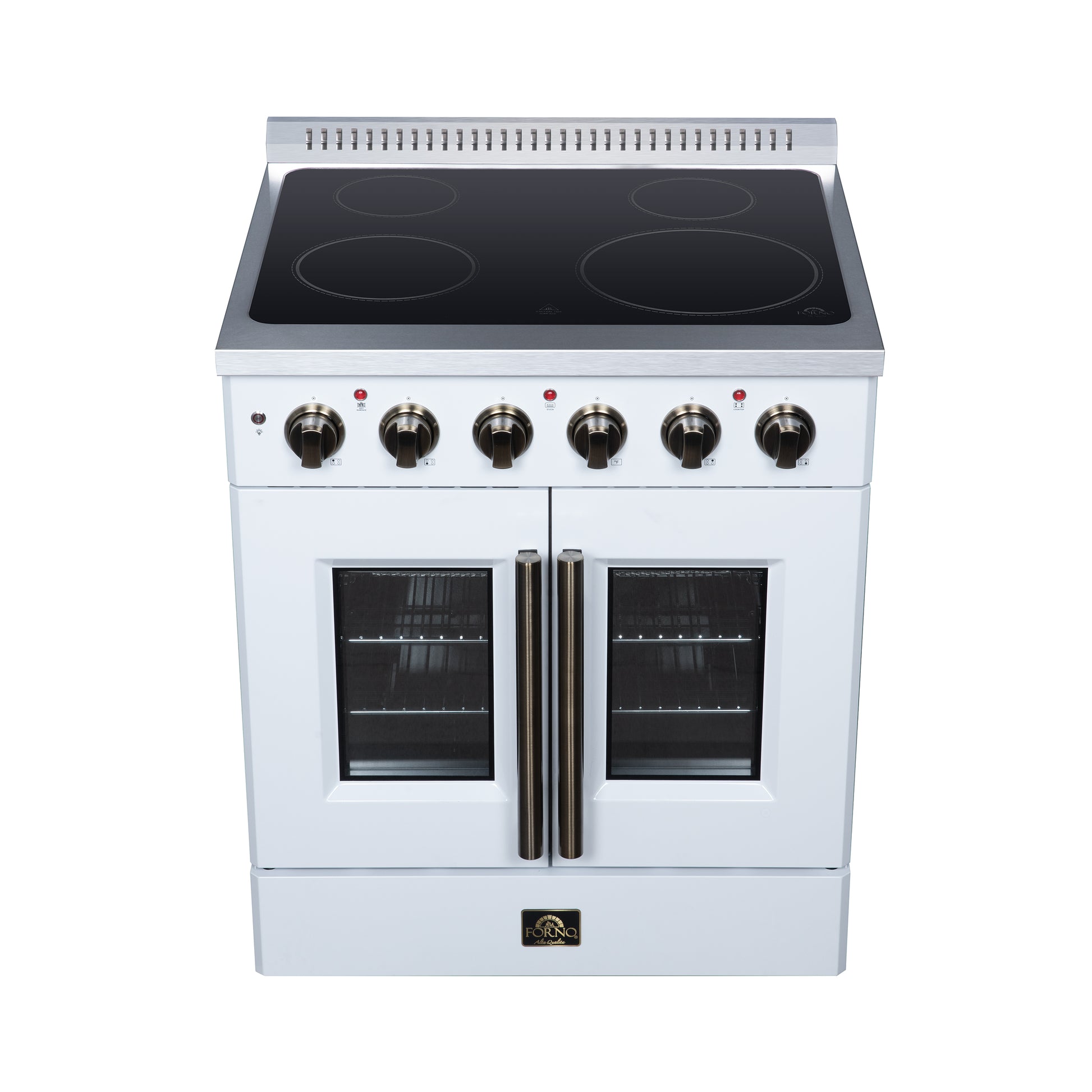 Galiano 30 Inch French Door Electric range, 4 radiant burners, 4.32 cf. True Convection oven, Air fryer kit, White - Forno Appliances