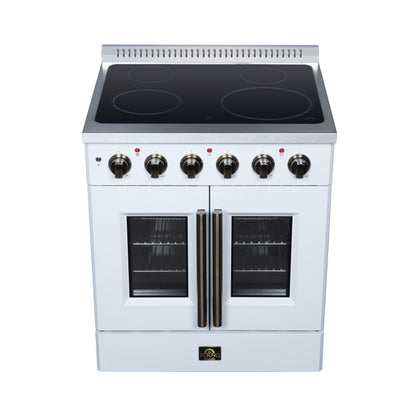 Galiano 30 Inch French Door Electric range, 4 radiant burners, 4.32 cf. True Convection oven, Air fryer kit, White - Forno Appliances