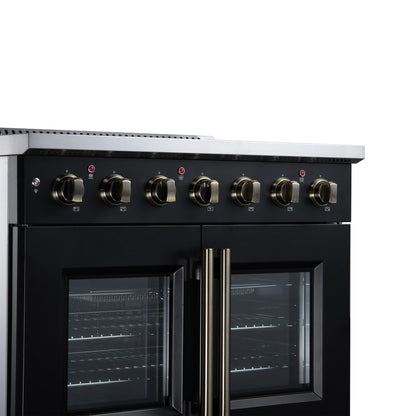 Galiano 36 Inch French Door Electric range, 5 radiant burners, 5.36 cf. True Convection oven, Air fryer kit, Black - Forno Appliances