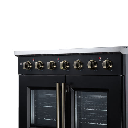 Galiano 36 Inch French Door Electric range, 5 radiant burners, 5.36 cf. True Convection oven, Air fryer kit, Black - Forno Appliances