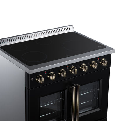 Galiano 36 Inch French Door Electric range, 5 radiant burners, 5.36 cf. True Convection oven, Air fryer kit, Black - Forno Appliances